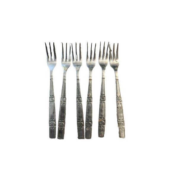 Vintage Oxford Hall Rose Couplet Cocktail Forks Stainless Japan Floral 1974 Lot - Picture 2 of 5